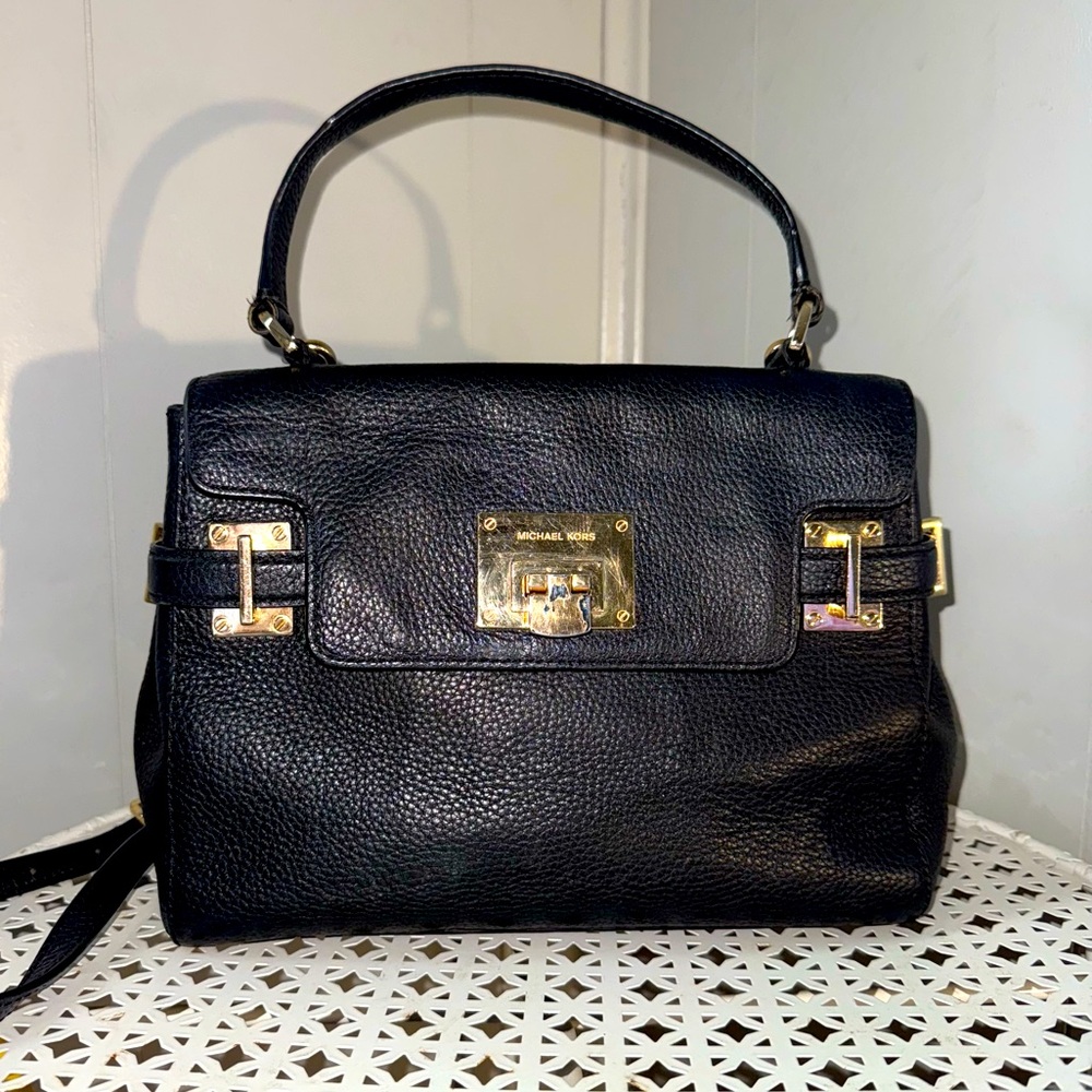Michael Kors MK Astrid Medium Black Leather Satchel Bag Purse Gold Hardware